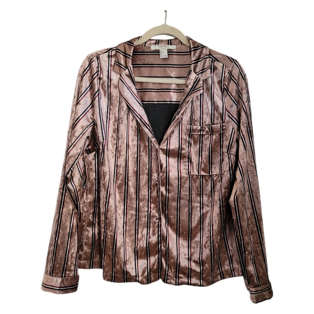Forever 21 Pajama Top L Large Stripe Button Up Long Sleeve